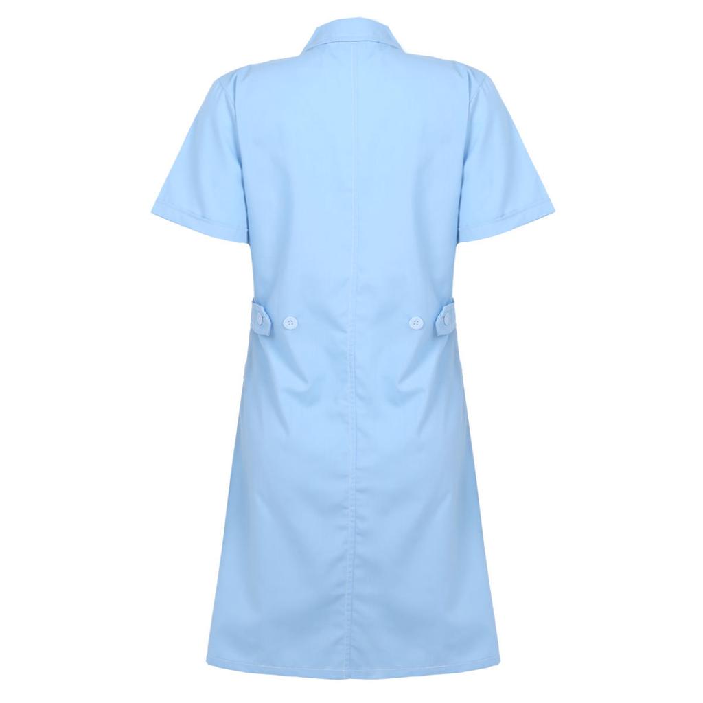 Hospital Lab Coat Uniform S-XXL for Women Adults - Solid Color Scrub Dress with Lapel Collar Short Sleeve and Button Front