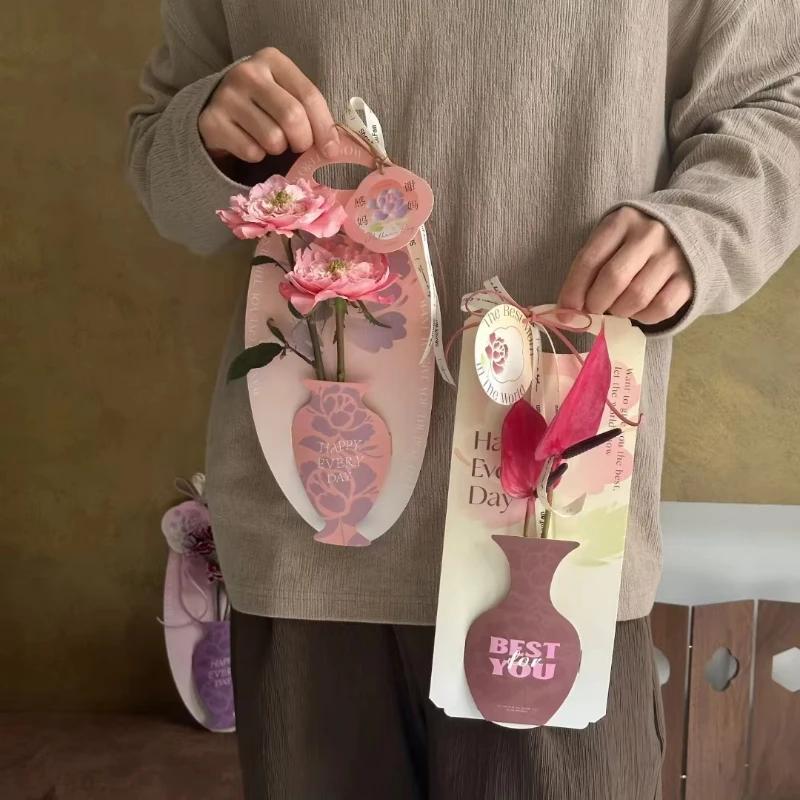 Foldable Valentine Flower Bouquet Box Simple Elegant Design Handheld Easy Carry for Wedding Home Party Romantic Gift