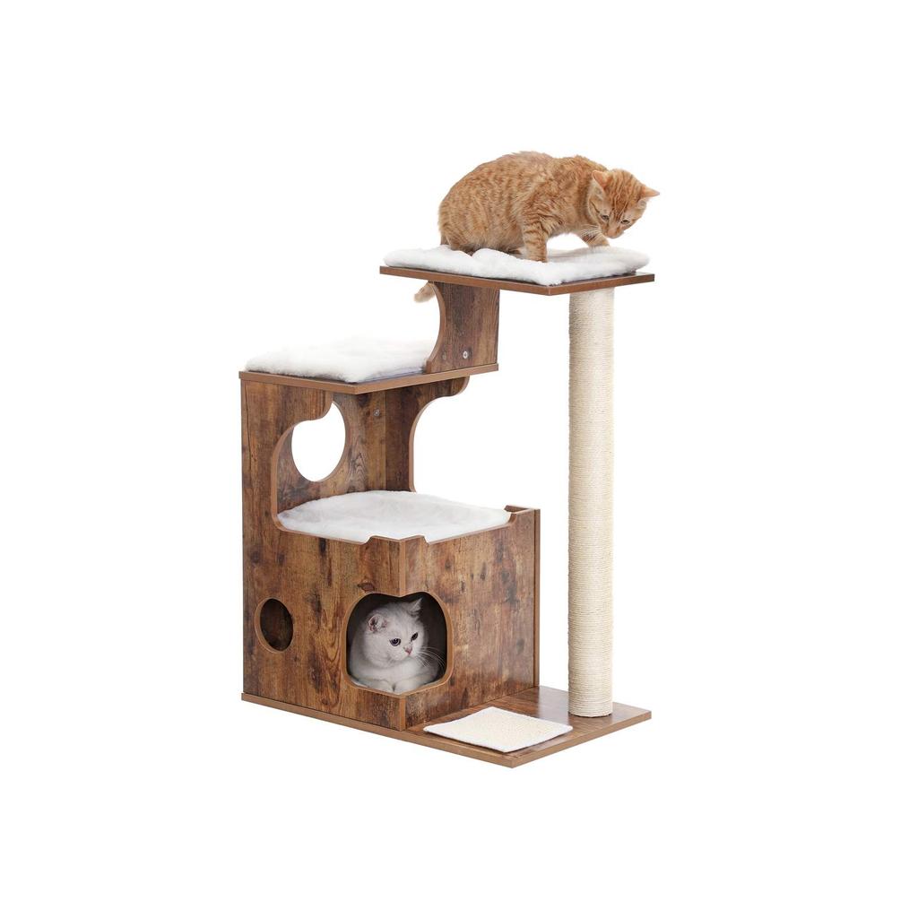 FEANDREA 86 cm Cat Tree, Medium Cat Tower with 3 Beds and Cave, Cat Condo Made of MDF with Wood Veneer, Sisal Post and Washable Faux Fur, Vintage