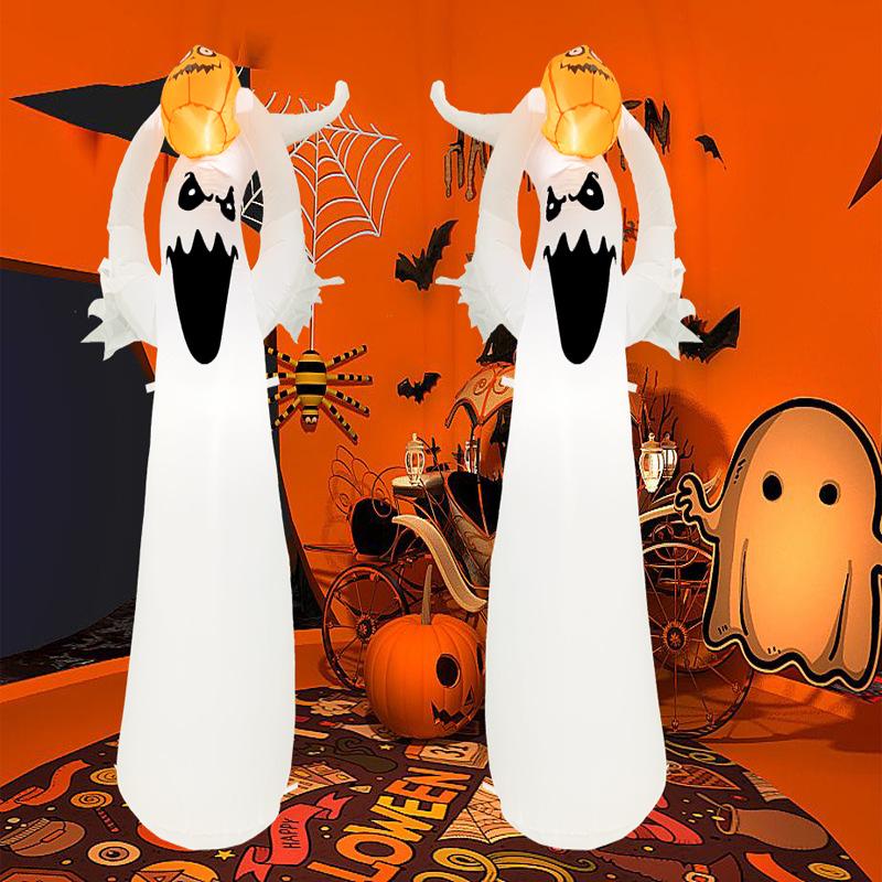180cm/ 6ft Halloween Inflatable Ghost with LED Pumpkin Light Halloween Inflatable Decoration Outdoor Terror Scary Props Yard Haunted House Decorations