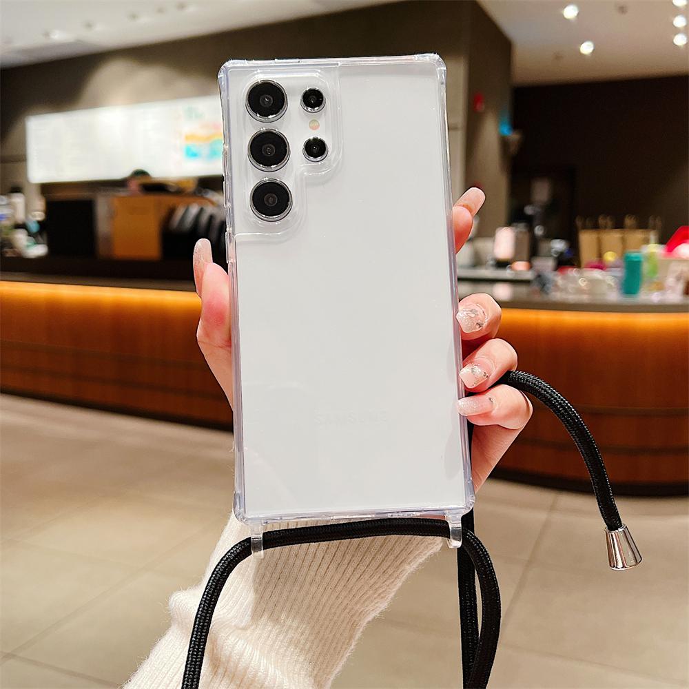 

Чехол-шнурок для Samsung Galaxy S24 Ultra S23 S22 Plus S20 S21 FE A55 A54 с ремешком через плечо, жесткий акриловый противоударный чехол For A55 5G&Case & Strap чёрный