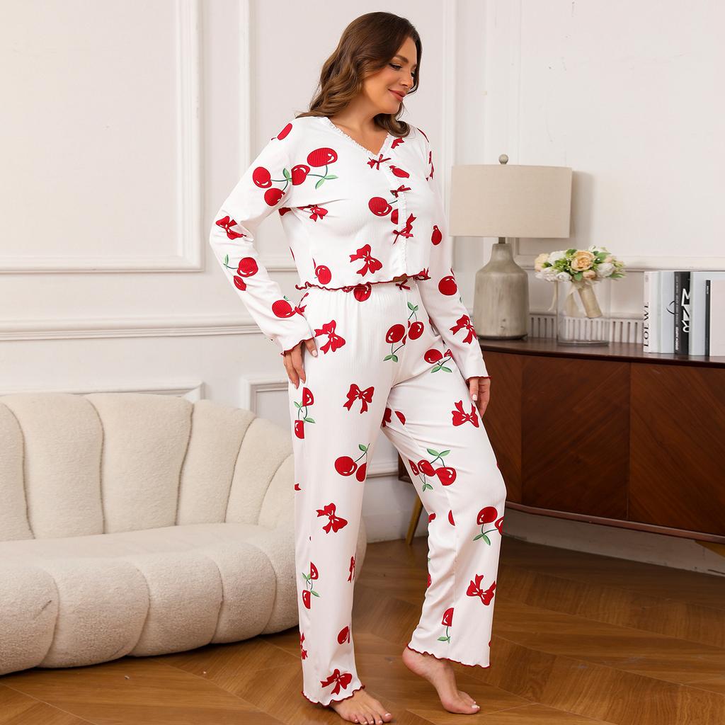 spring autumn Women Pyjamas long sleeve Tops and long pant Pijama casual Pajamas Set Loungewear plus size 2 Pieces Set Sleepwear