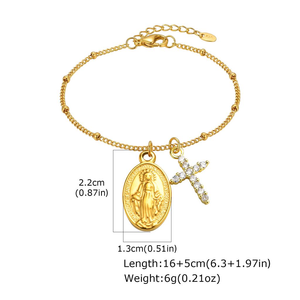 Bracciale in Acciaio Inossidabile con Medaglia della Madonna e di San Benedetto, Croce con Zirconi, Braccialetti Rosario da Donna, Gioielli Religiosi