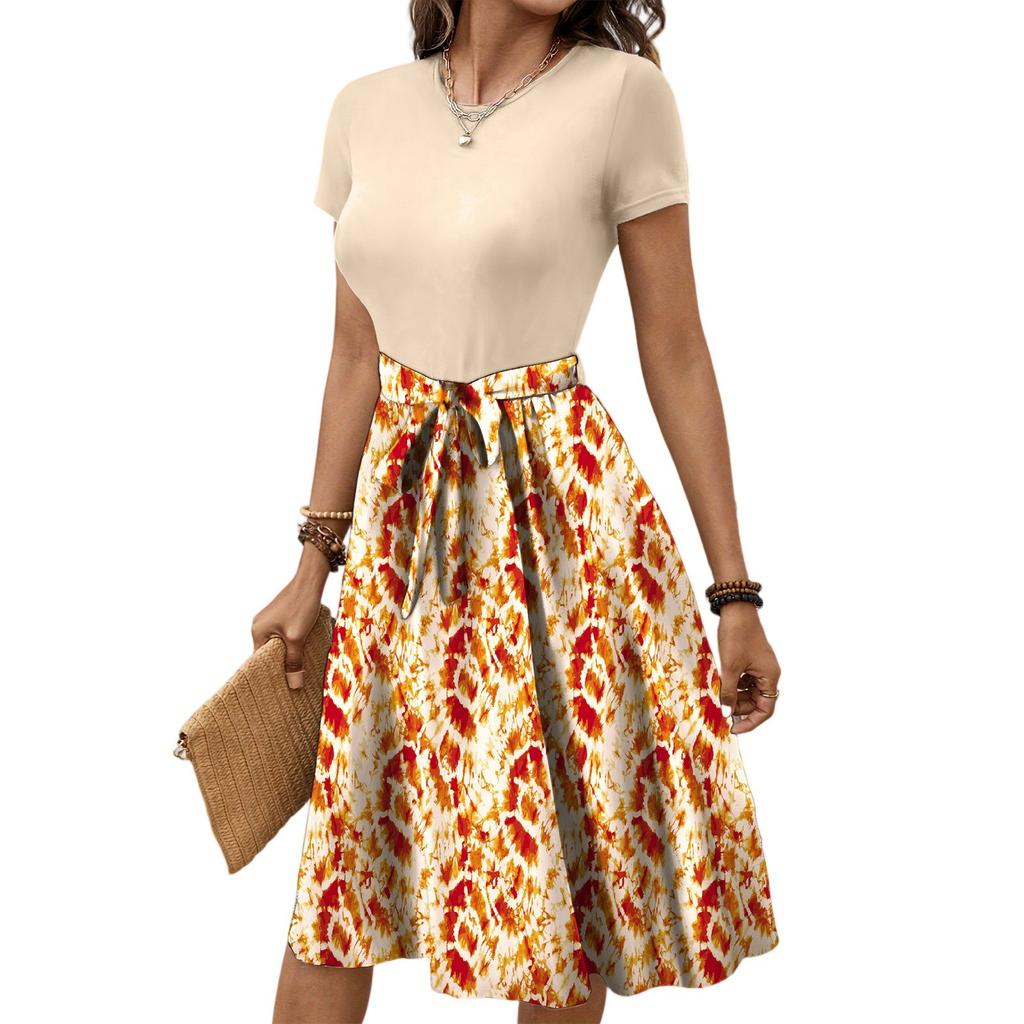 Kvinners moteriktige retro-mønstrede trykk fargeblokkert belte avslappet kjole