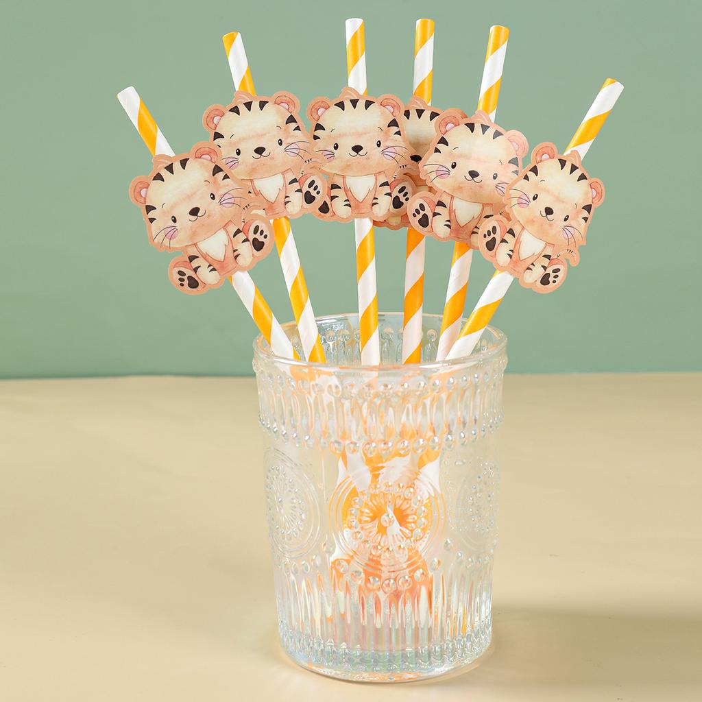 6pcs Animal Paper Drinking Straw LIon Tiger Jungle Birthday Party Forset Safari Party Supplies Kids Wild One Birthday Decoration