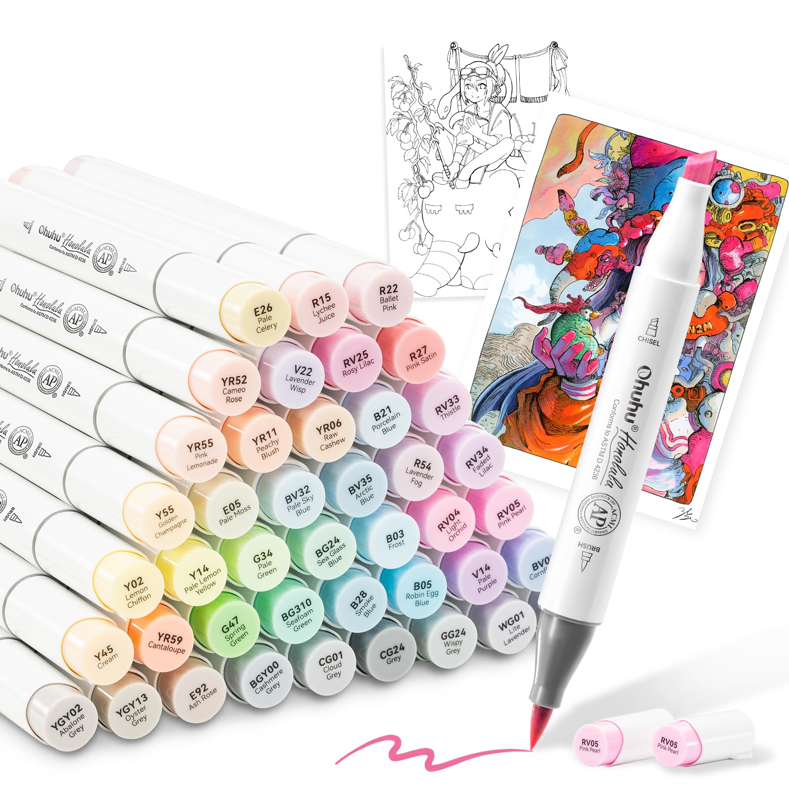 

Ohuhu Marker Pens, Brush Type, 48 Light Colors, Professional Grade, Pastel Illustration Markers, Brush & Broad Tip, Includes 1 Blender Pen, Honolulu S