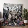 Highland Cow Floral Blanket - Soft Flannel Throw with Scottish Highlands Landscape, Pastel Floral Accents Couch, Bed, Camping