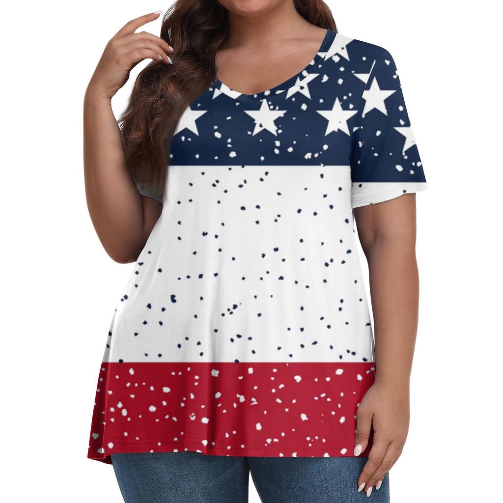 Women's Fashion Casual V-Neck Pullover Short Sleeve Large Size Independence Day Printed T-Shirt Top