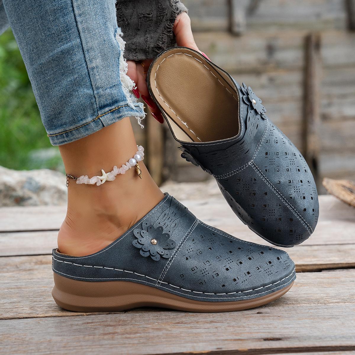 

Модная женская обувь слипоны 2025 Модная металлическая отделка Платье Мюли Обувь Женская Новая Большой размер Уличные тапочки Женские Zapatos De Mujer 36 синий