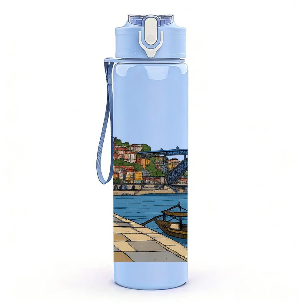 1PC Old Bridge River City Scene Print 750ml Color Plastic Sports Water Bottle Leakproof Flip Straw Lid Suitable for Sports Office Home Use