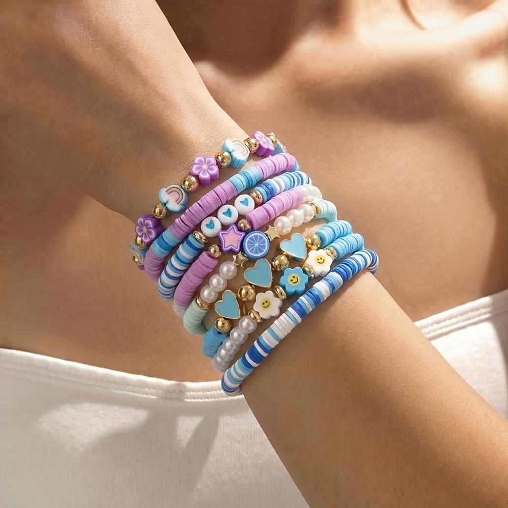 8pcs Sweet Flower Heart Pink Polymer Clay Layered Bracelet Set, Valentine Music Festival Party Jewelry for Women