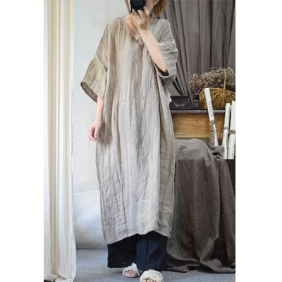 Woman Spring Dyeing Irregular Vintage Loose Retro Dress Fashion Solid Color Short Sleeves Dress
