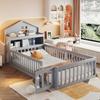 Cama infantil 90 x 200, estrutura infantil em madeira maciça, grade de casa, com prateleiras e arrumação, porta com grade de proteção, varão para quadros, estrado de ripas, cinzento