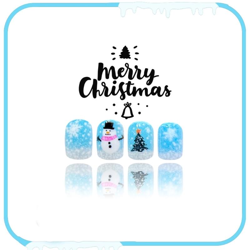 Pack of 24 Christmas Snowman Snowflake Blue Press On Nail ABS Build False Nail for Holiday Parties and Daily Wear