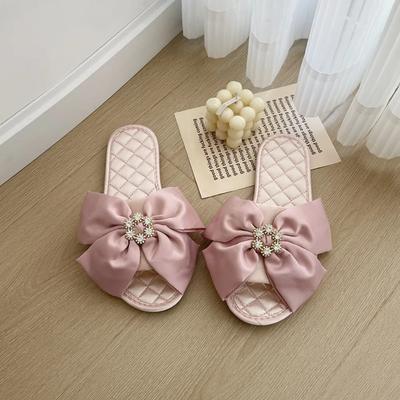 Ladies' Home Slippers Womens Shoes Diamond Bow Silk Slippers Home Wear Flat Bottomed Slippers for Women Sandals Pantuflas