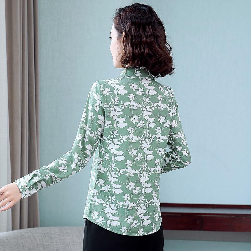 Camisa de Chifón Floral de Otoño para Mujer de Corte Slim Retro de Manga Larga