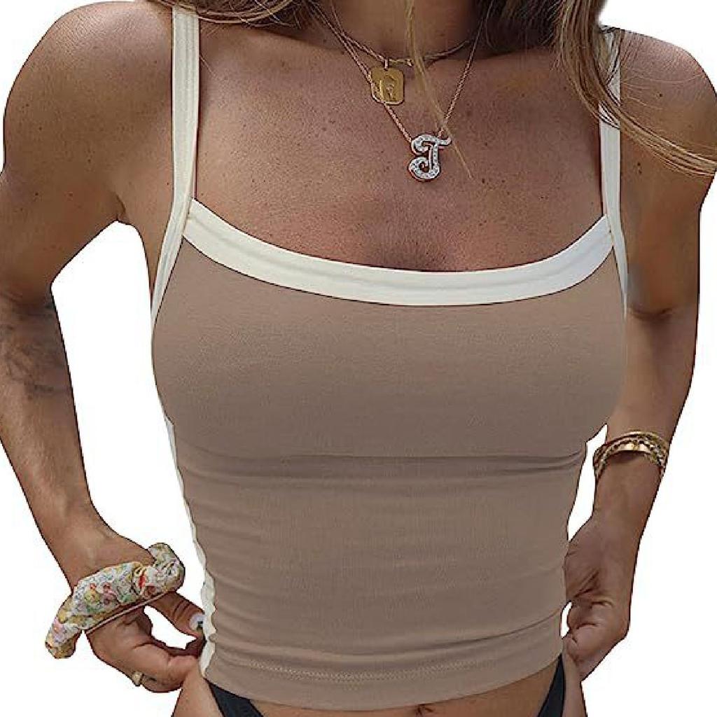 Women's Girl Open Back Short Tank Top Color Contrast Slim Top Casual Undercoat Top