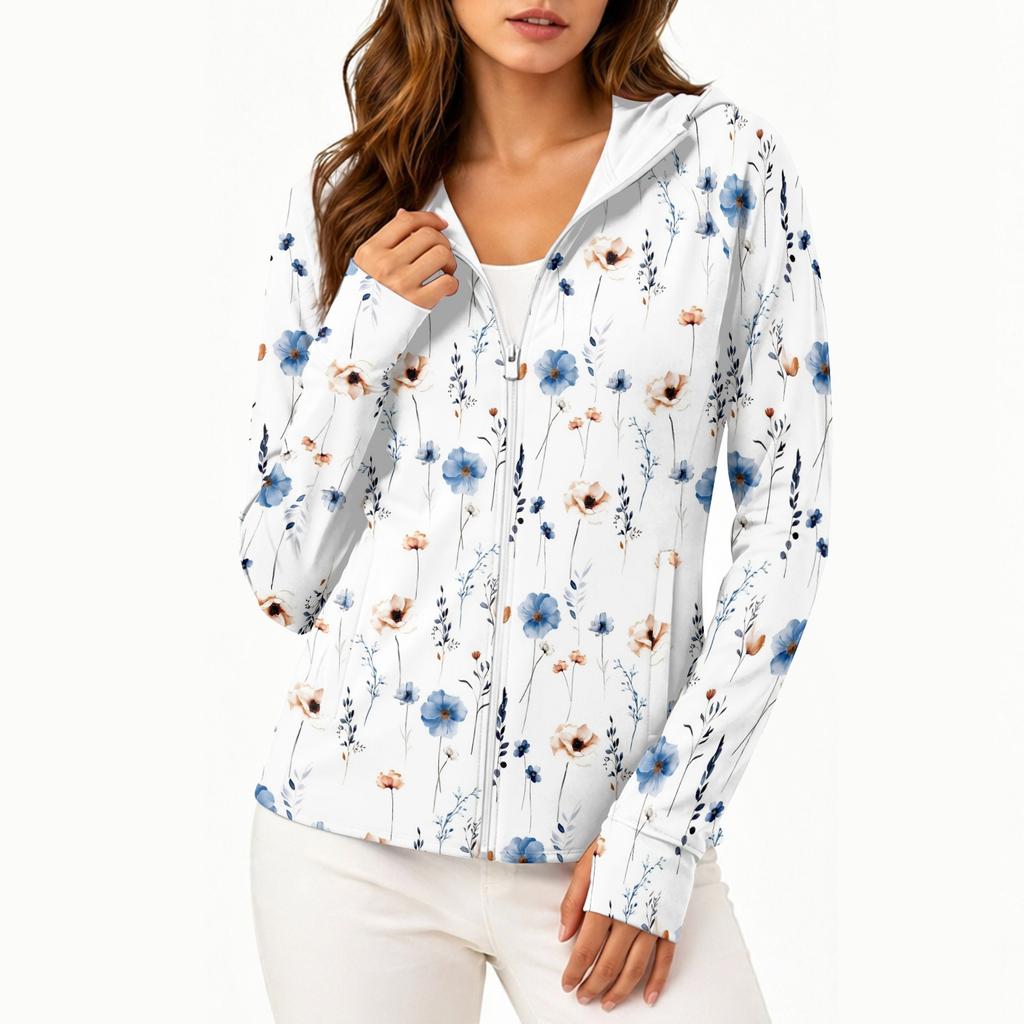 Women's Lightweight Long Sleeve Zip Up Hoodie with Hood and Pockets Floral Print Sun Protection Jacket for Outdoor Activities