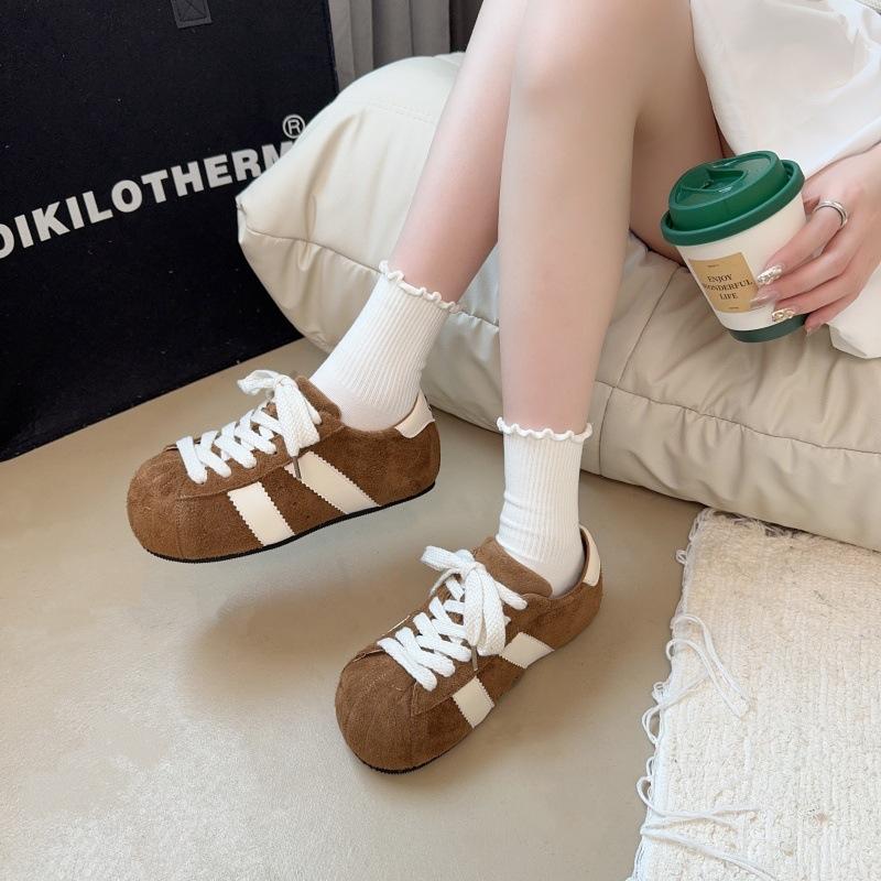 2025 New French Retro Single Shoes Soft Leather Big Head Platform Women's Shoes Suede Round Head Lace-up Versatile Casual Fashion