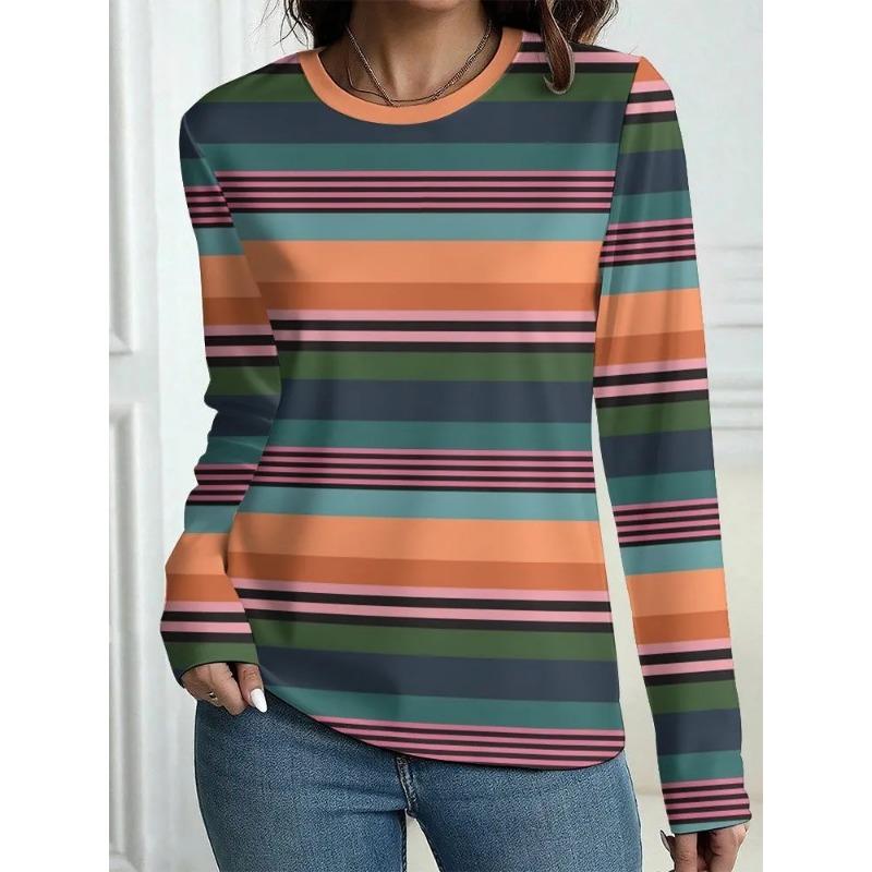 Damen neues Mode lässiges Rundhals gestreift bedrucktes Langarm-T-Shirt