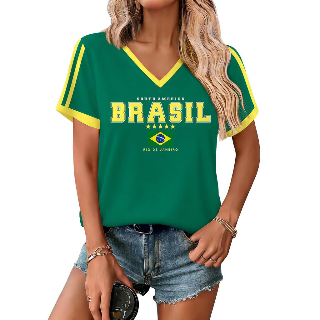 Women Casual Short Sleeve V Neck T Shirt Letter Print Loose Fit Lightweight Top Soft Fabric Comfortable Summer Tee