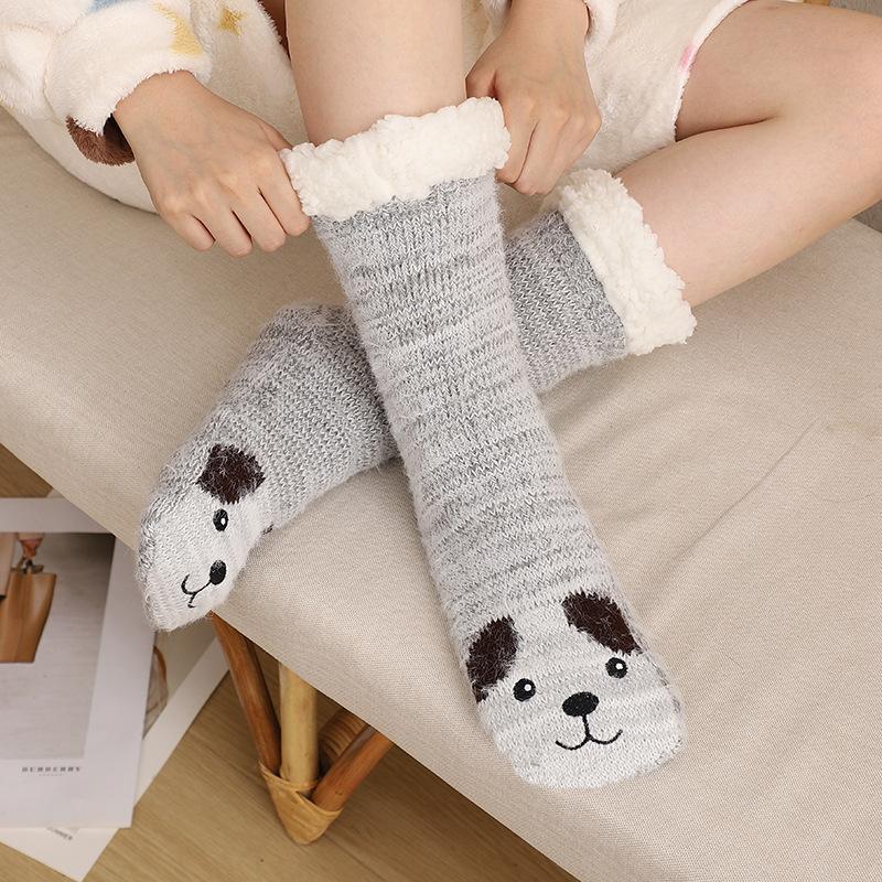 Cartoon Animal Fleece Floor Socks for Adults, Warm Anti Slip Winter Slipper Socks, Indoor Home Snow Socks, Cute Cozy House Socks