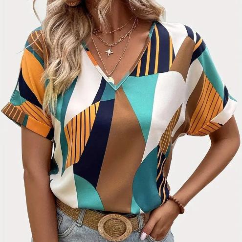 Europe, America 1116 summer new v-neck printed short-sleeved top women's geometric pattern contrasting shirt