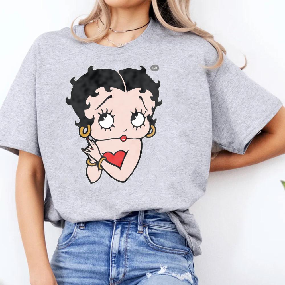 Betty Boop with Pudgy Dog Shirt Vintage Women Summer Cotton Short Sleeve Retro Cartoon Girl Graphic Printed Casual Daily Outfit