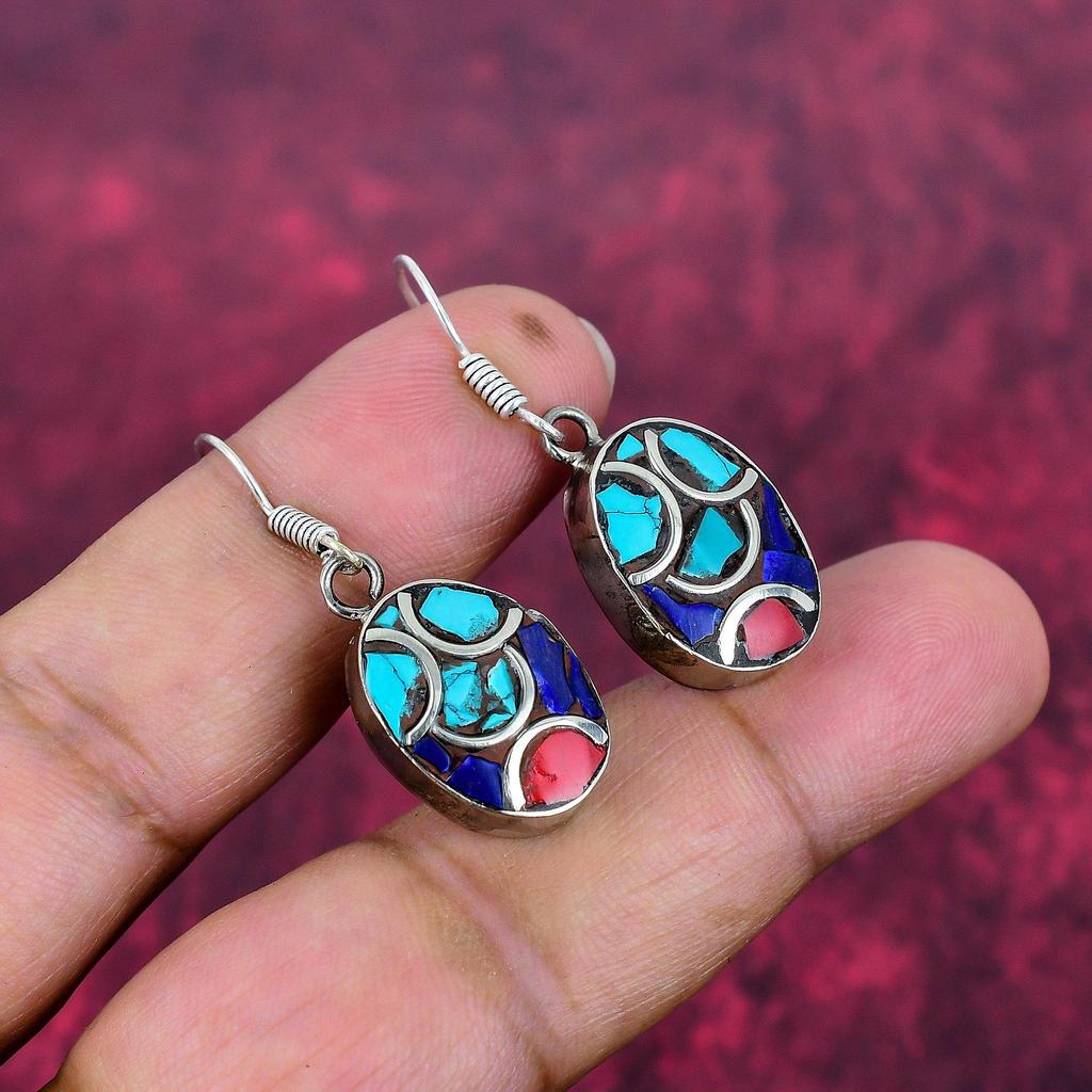 Turquoise, Lapis Lazuli & Coral Earrings, 925 Solid Sterling Silver Gemstone Jewelry, Handmade Earrings, For Thanksgiving