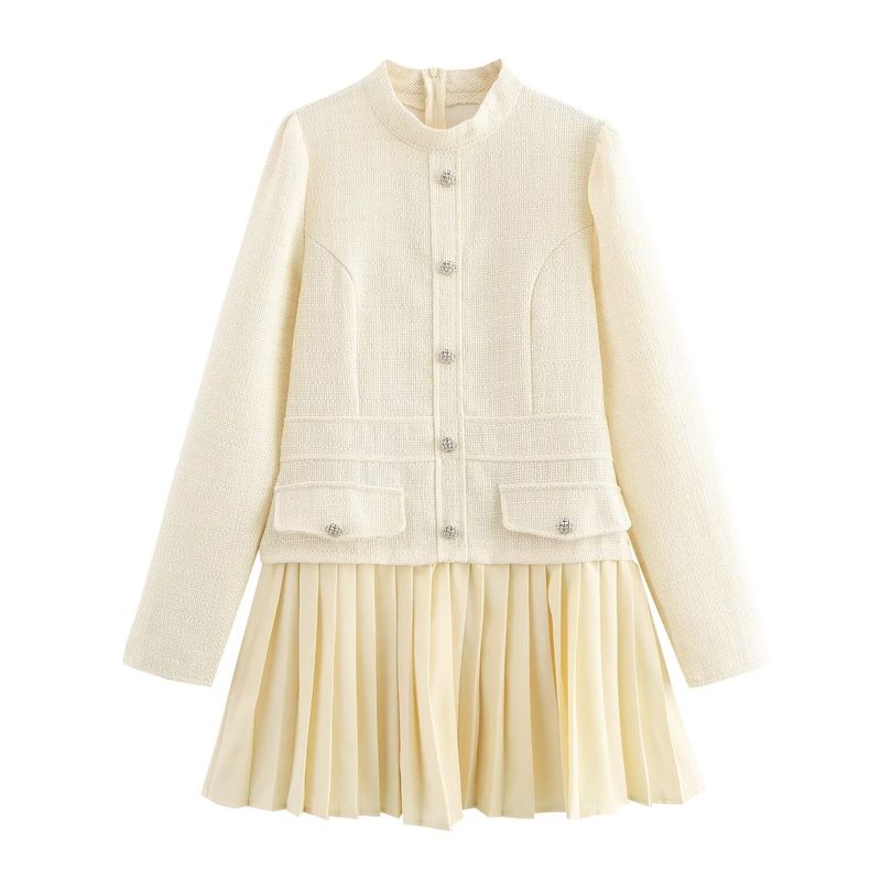 Kaslead New Arrival Women's Clothing Fashion Style Minimalist Retro Waist-Controlled Stitching Pleated Long Sleeves Coarse Spinning Dress