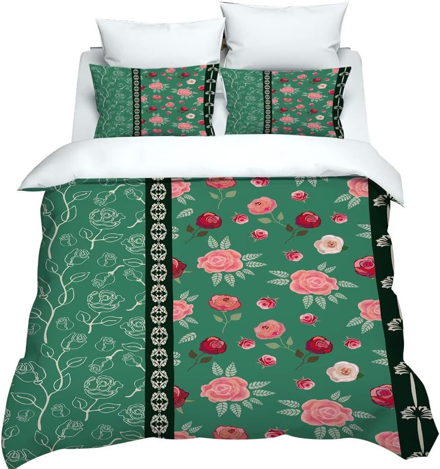 Girls Cartoon Flowers and Leaves Duvet Cover set, Cute Comforter Cover Girly Tropical Plant Summer Bedding Set For Kids Children