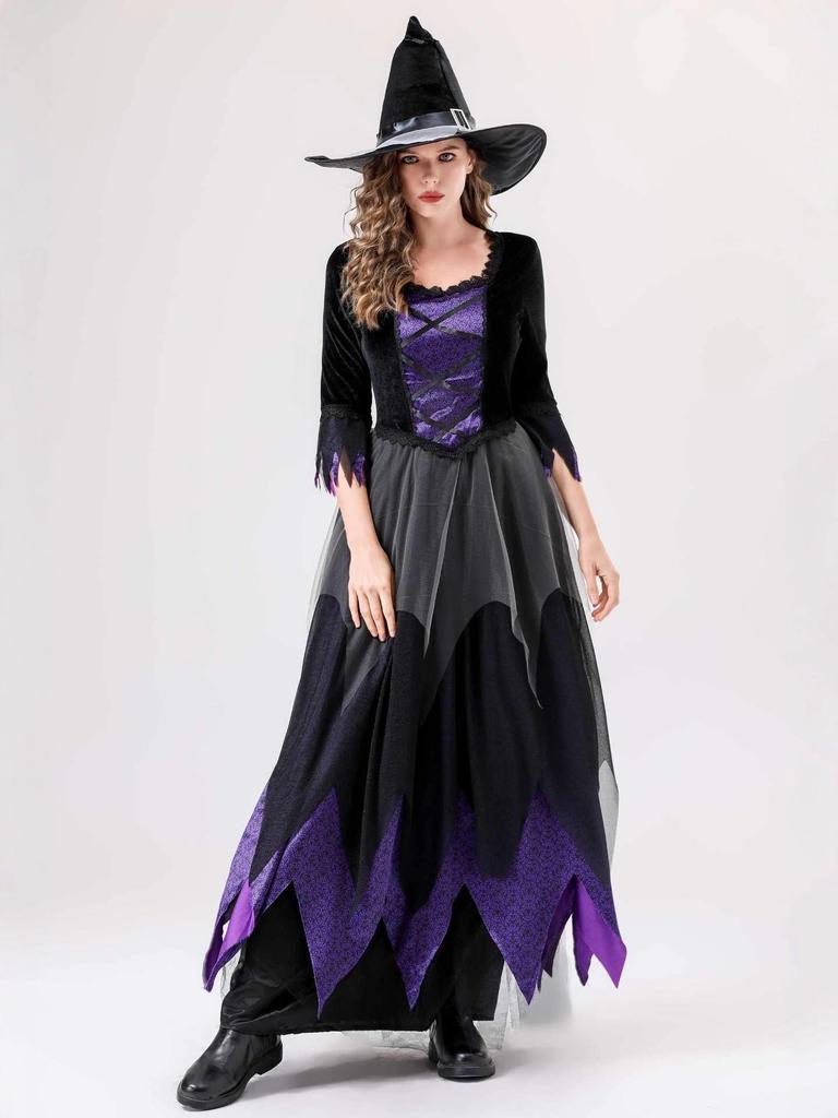 Schwarz-Violettes Hexen-Vampir-Kostüm für Erwachsene und Kinder - Perfekt für Halloween und Bühnenauftritte