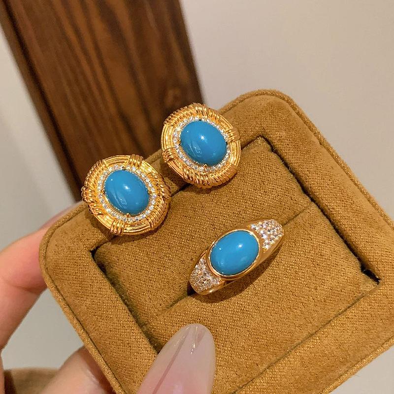 Turquoise  Sets New In Vintage Palace Style Ring Light Luxury Fashion Stud Party Wedding Romantic Earrings for Women