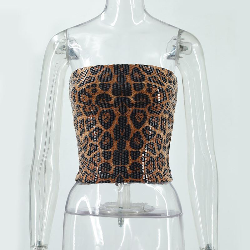 Leopard Print Sequin Crop Top For Summer Streetwear With Stretch Fit For Adults
