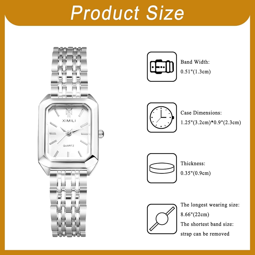 Ladies' Waterproof Square Dial Watch with Bar Index, Simple Quartz, Adjustable Stainless Steel - Silver