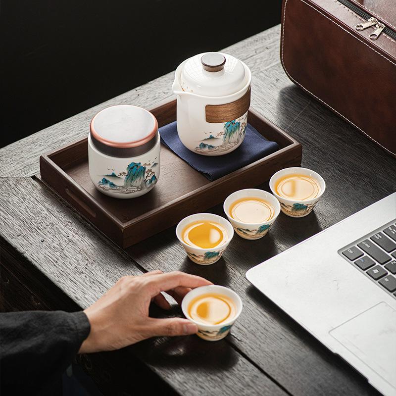 Travel white porcelain gifts Guochao Splendid Mountains and Rivers Outdoor Kung Fu Tea Set Small Set Portable Kuaike Cup