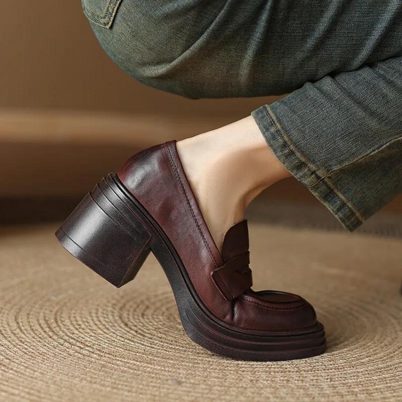 Módní dámské boty na robustním podpatku z pravé kůže na klínku, dámské platformové lodičky, dámské boty na vysokém podpatku, zapatos mujer, ručně vyráběné mokasíny s tlustou podrážkou