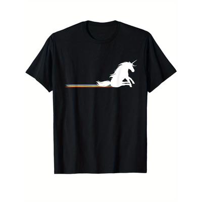 Europäische Größen Herren Schwarz Einhorn & Regenbogen Grafik T-Shirt | Lässig Rundhalsausschnitt, Kurzarm, Weich Atmungsaktiv