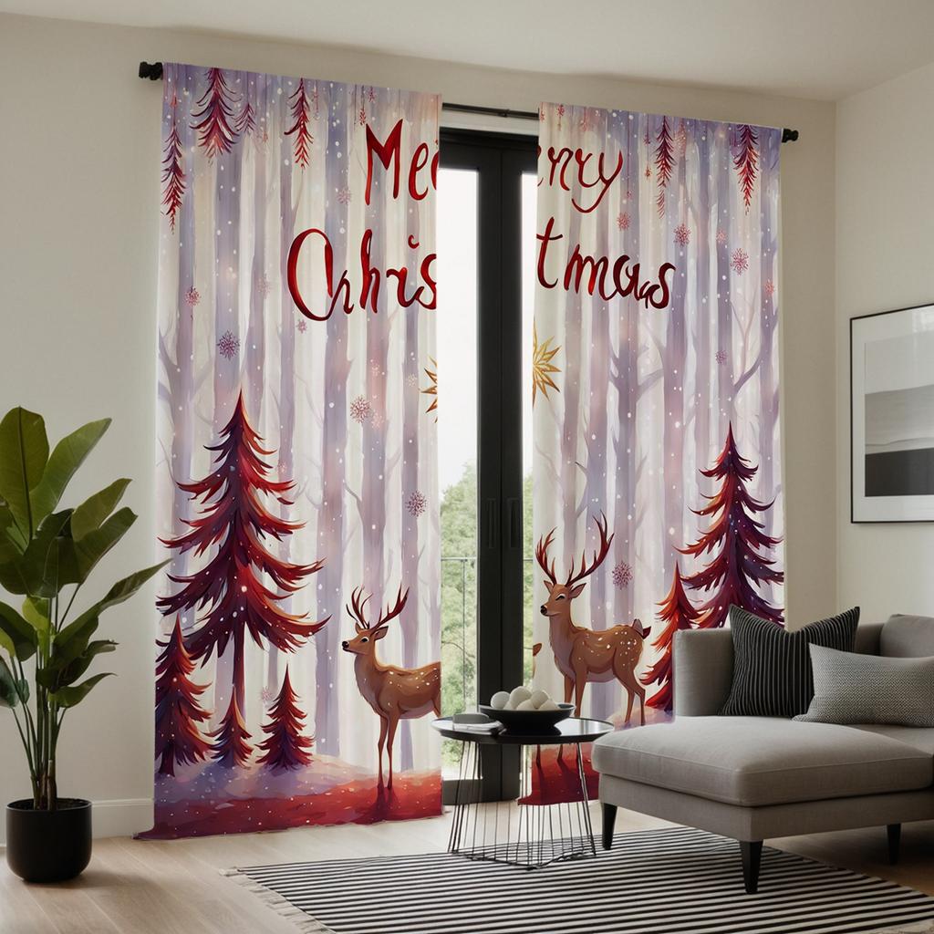 2-piece HD Digital Brown Tie Christmas Snow Elk Curtain Home Decoration Style Decorate Living Room Bedroom Through Rod Curtain E