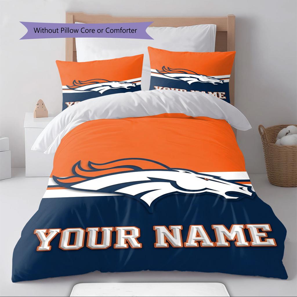 Name Custom Denver Broncos Pattern Bedding Set Quilt Cover Pillowcase Home Decor Gift (1 * Duvet Cover + 2 * Pillowcase, Without Core)