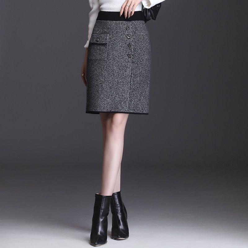 Knitted Midi Skirt Mid Length High Waist Slimming Effect Versatile Short Bag Hip Skirt