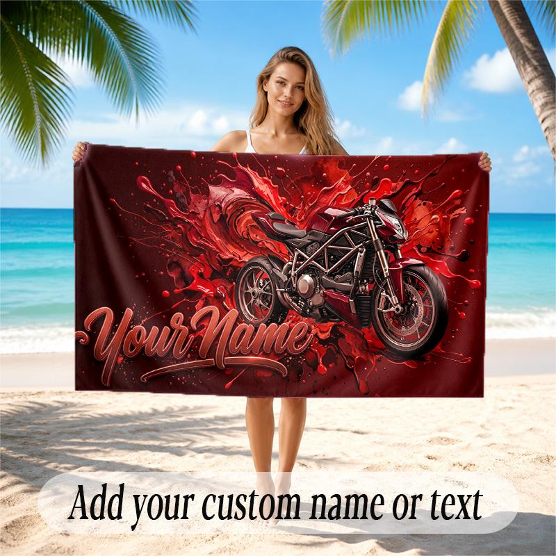 Motorcycle Biker Theme Quick Dry Beach Towel Custom Name Text Print Large Sand Resistant Towel Beach Vacation