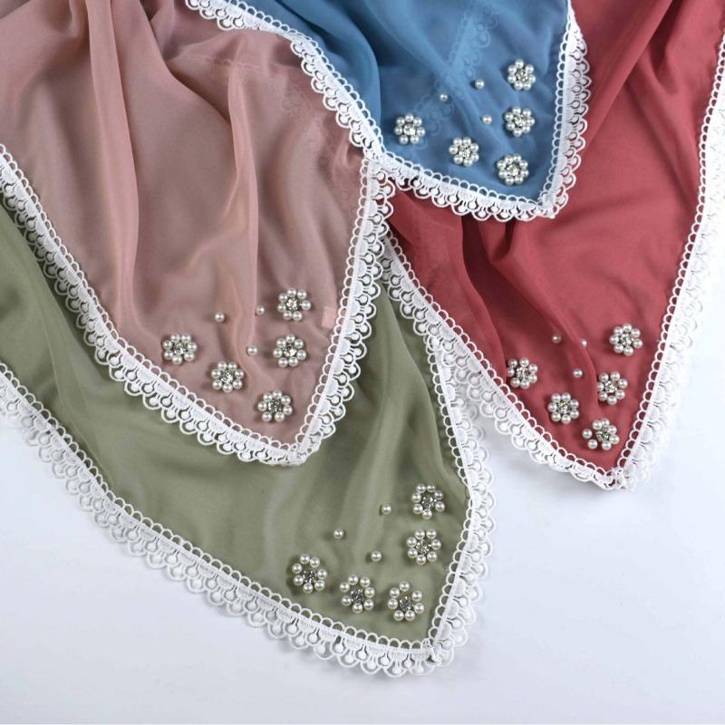 Monochrome Pearl Chiffon Square Scarf With Small Flower For Women