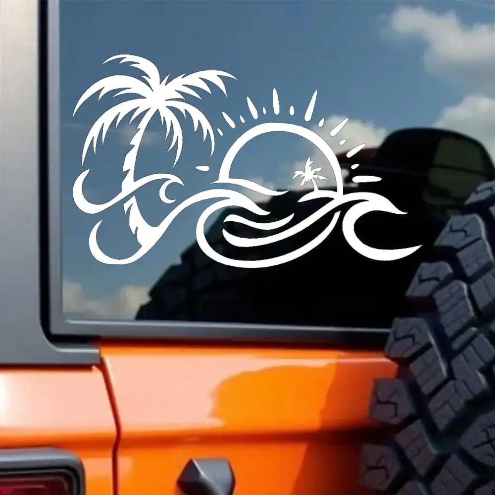 Tropical Palm Tree Sun Wave Sticker 1PC, Waterproof Durable Vinyl Decal for Car Window Bumper Laptop Decor