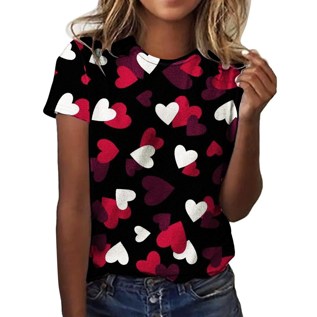 Summer Round Neck 3D Love Flower Print Top Fashionable Casual Short Sleeved Women's T-shirts