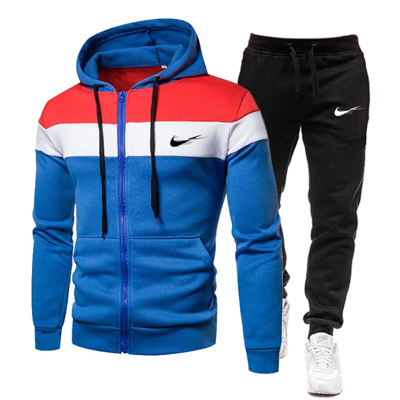 2023 Toamna/Iarna Nou Hanorac Colorat Cusături Culoare Glugă+Pantaloni Bărbați Casual Bumbac Hanorace calde Costum de jogging