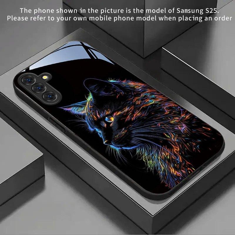 Neon Colorful Cat Tempered Glass Phone Case Suitable for Samsung Galaxy S26 S25 S24 S22 S21 S20 FE Ultra Plus5G Anti Drop