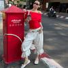 Romantic White Lace Trim Drawstring Wide-Leg Cropped Pants