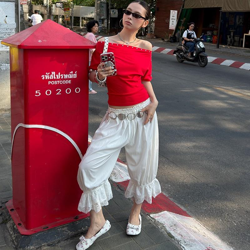 Romantic White Lace Trim Drawstring Wide-Leg Cropped Pants