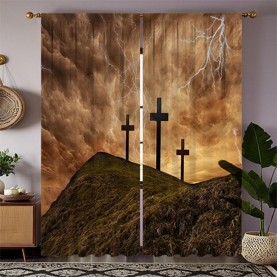 

Crucifix Print Curtains Suitable Bedroom Living Room Kitchen Decoration Home Window Set Of 2 Made Polyester Decor W100*H70(CM)-Hooks&2PCS